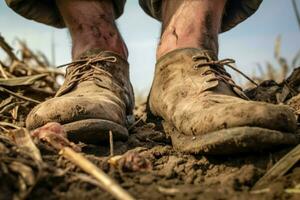 Practical Farmer rubber boots field. Generate Ai photo