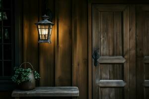 encantador madera Entrada casa de Campo. generar ai foto