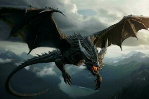 Majestic Flying black dragon. Generate Ai photo