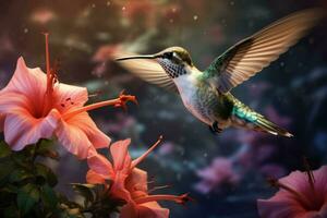 Iridescent Flying hummingbird. Generate Ai photo