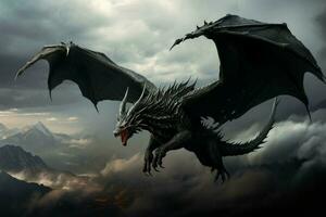 Fearsome Flying black dragon. Generate Ai photo