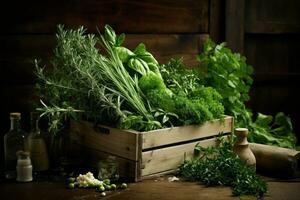 Fresh Crate aromatic herbs. Generate Ai photo