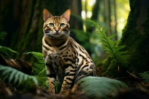 Bengal cat forest. Generate Ai photo