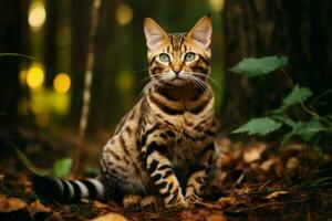 Mystical Bengal cat forest. Generate Ai photo