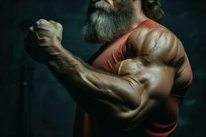 Muscular Trainer biceps gym. Generate Ai photo