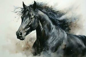 Fluid Black horse watercolor. Generate Ai photo