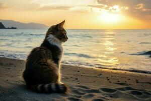 amigable con los felinos gato playa arena soleado. generar ai foto