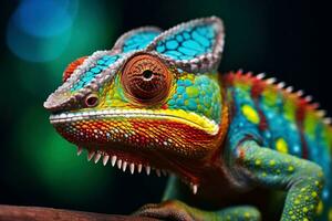 Vibrant Green chameleon closeup digital. Generate Ai photo