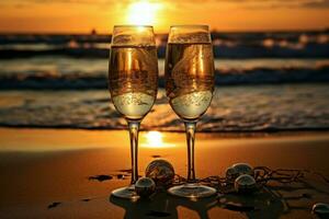 Tranquil Champagne glasses beach. Generate Ai photo