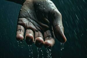 Closeup hand in rain. Generate Ai photo