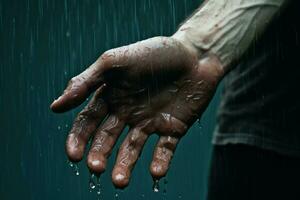 Speckled Closeup hand in rain. Generate Ai photo