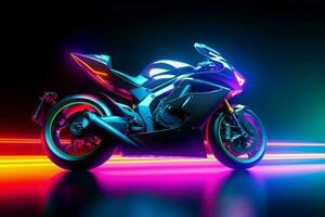 Futuristic neon sport bike stage. Generate Ai photo