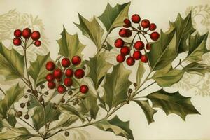 Christmas berries vintage card leafs. Generate Ai photo