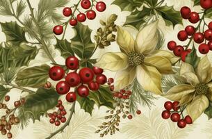 Christmas berries vintage card. Generate Ai photo