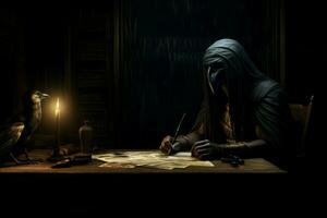 Thoth god writing in dark room. Generate Ai photo