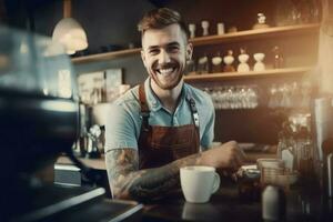 atractivo sonriente hombre barista generar ai foto