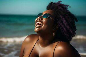 Fat black woman swimsuit at beach. Generate Ai photo