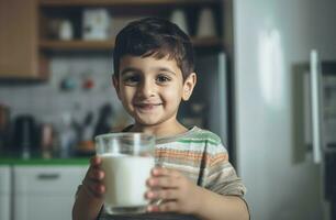 Boy drink milk glass smiling. Generate Ai photo