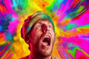 Man colorful psychedelic colorful. Generate Ai photo