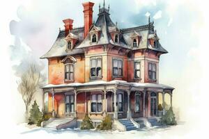 Watercolor victorian red house. Generate Ai photo