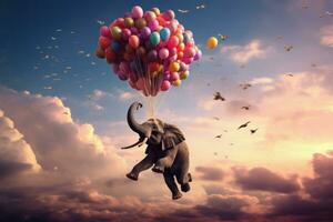 Imaginative Elephant flying balloons. Generate ai photo