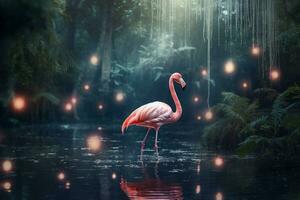 Enchanting Flamingo dreamy forest. Generate Ai photo
