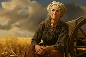 American farmer old woman at field. Generate Ai photo