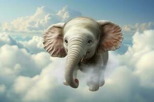 Dreamy Baby elephant in clouds. Generate Ai photo