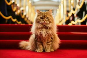 Glamorous Red carpet for famous cat. Generate Ai photo