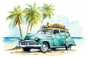 Serene Car watercolor beach. Generate Ai photo