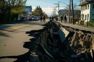 Jagged Cracks road after earthquake. Generate Ai photo