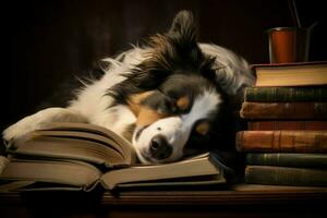 Peaceful Dog asleep reading. Generate Ai photo