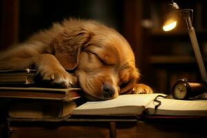 Unusual Dog asleep reading. Generate Ai photo