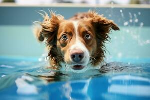 Relaxing Dog swimming pool vacation. Generate Ai photo