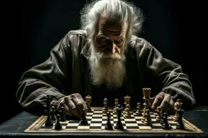 Elder man home chess. Generate Ai photo