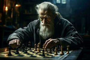 Thoughtful Elder man home chess. Generate Ai photo