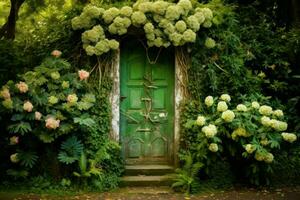 Sturdy Door green garden. Generate Ai photo