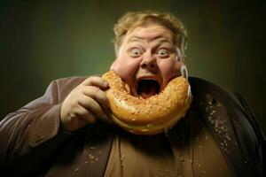 Scrumptious Fat man holding big donut. Generate Ai photo