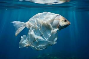 impermeable mar pescado el plastico bolsa. generar ai foto