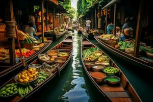 Floating food market river. Generate Ai photo