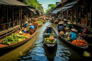 bullicioso flotante comida mercado río. generar ai foto