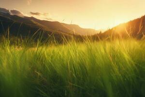 Green grass mountains sunset. Generate Ai photo