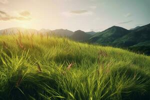 Green grass mountains outdoor. Generate Ai photo