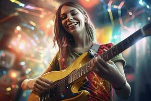 Woman playing guitar scene. Generate Ai photo