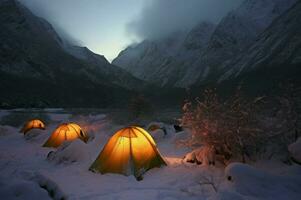 Snow camp at night in mountains. Generate Ai photo