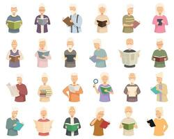 Senior people reading icons set cartoon vector. Elder book vector