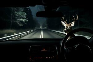 Deer at night car travel road. Generate Ai photo