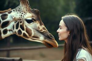 Girl feeds giraffe in zoo. Generate Ai photo