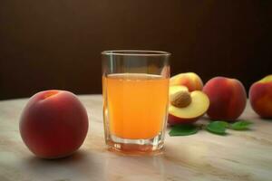 Peach juice glass on table. Generate Ai photo