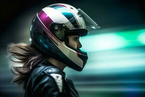 Woman racer helmet. Generate Ai photo